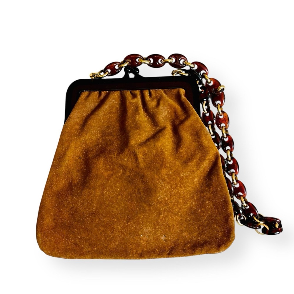 Vintage Saks Fifth Avenue Suede Satchel Shoulder Bag Brown Lucite Strap